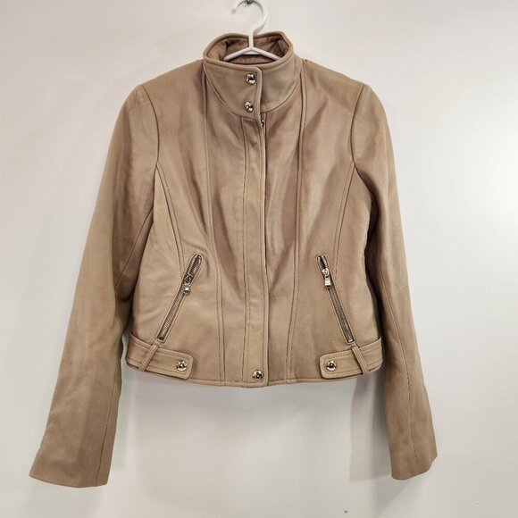 Calvin Klein Women's Moto Tan Genuine Leather Jacket Size Small - Picture 1 of 15